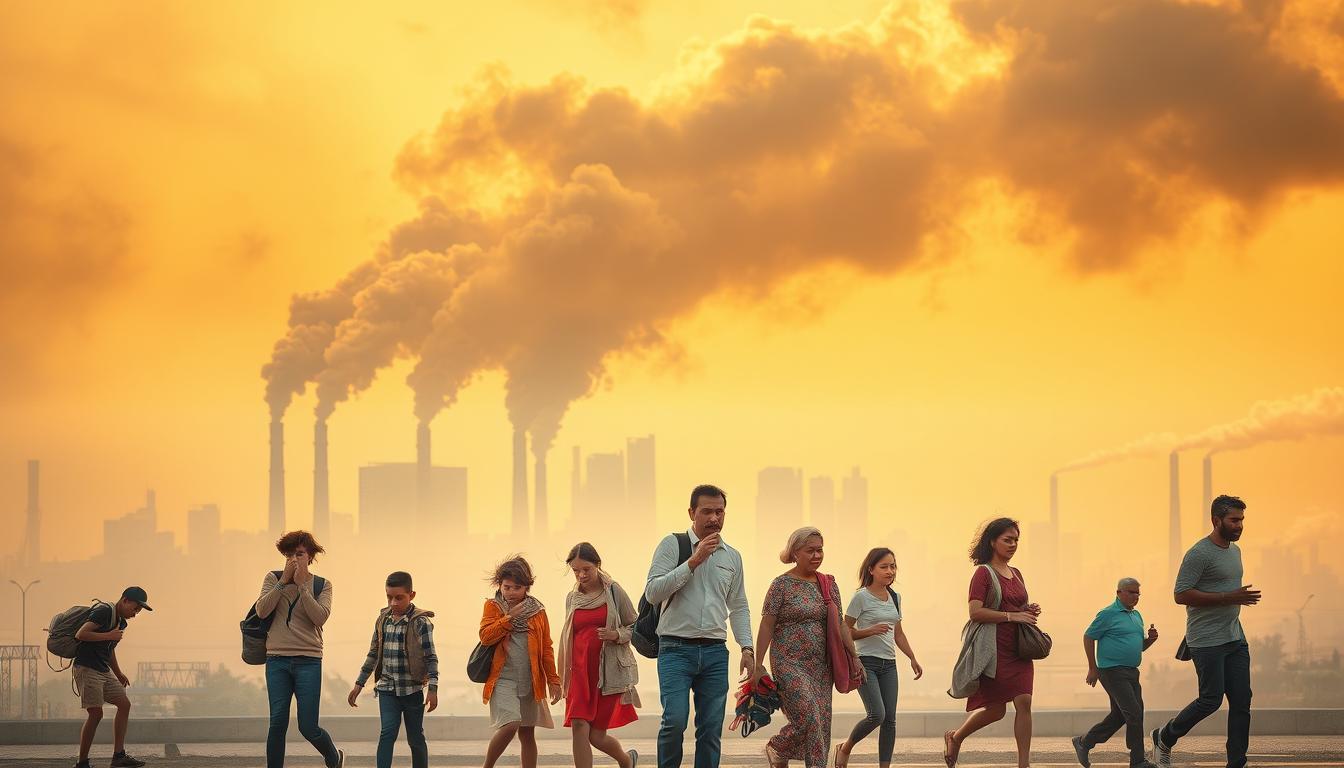 A vibrant, dynamic scene depicting the health risks posed by air pollution to vulnerable groups. In the foreground, a family of diverse individuals - young and old, with varying physical abilities - coughing and struggling to breathe as they navigate a hazy, smog-filled urban environment. The middle ground showcases a bustling city skyline, industrial smokestacks belching thick, toxic plumes. In the background, a looming, ominous cloud of pollutants casts an oppressive shadow over the landscape. Warm, golden lighting filters through the haze, creating a sense of urgency and unease. The scene conveys the urgent need to address air quality issues and protect those most at risk.