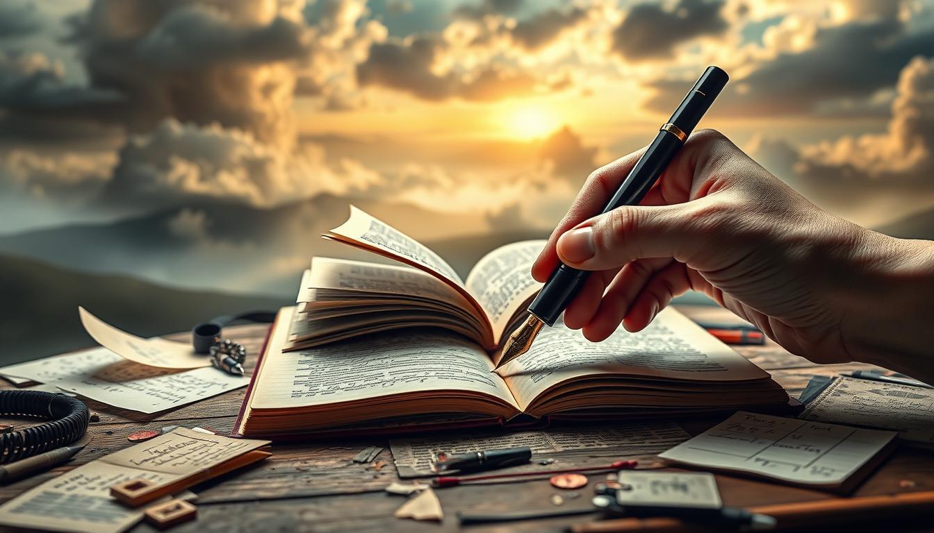A vibrant, dynamic scene depicting the "science of expressive writing". In the foreground, a hand gracefully guiding a fountain pen across a journal page, ink flowing with fluid motion. The middle ground features an open book, pages fluttering gently, surrounded by scattered notes, sketches, and creative ephemera. In the background, a moody, atmospheric landscape with swirling clouds and dynamic lighting, suggestive of the contemplative, introspective nature of the writing process. The overall composition conveys a sense of focused intensity, mental clarity, and the synergy between the physical and the cerebral aspects of journaling and expressive writing.