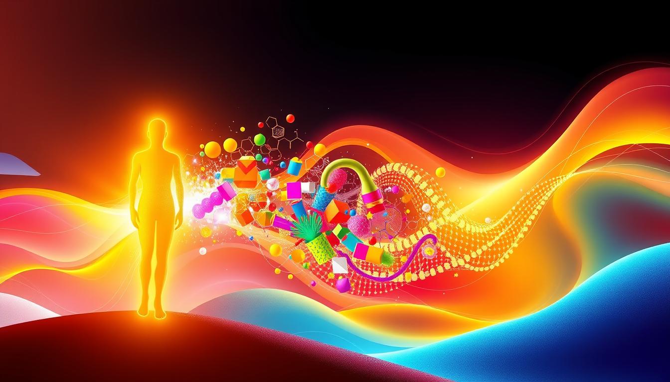 A vibrant, dynamic visualization of the metabolic benefits of vitamin D. In the foreground, a stylized human figure engulfed in a warm, golden glow, symbolizing the energizing effects of vitamin D on the body's metabolic processes. In the middle ground, a cascade of colorful, geometric shapes and patterns representing the complex biochemical pathways and reactions involved in vitamin D metabolism. In the background, a flowing, abstract landscape of interlocking forms and gradients, evoking the interconnected nature of vitamin D's impact on overall health and wellbeing. The scene is illuminated by a soft, diffused lighting that enhances the sense of depth and three-dimensionality. The overall composition conveys a sense of vitality, movement, and the profound influence of vitamin D on the body's metabolic capabilities.