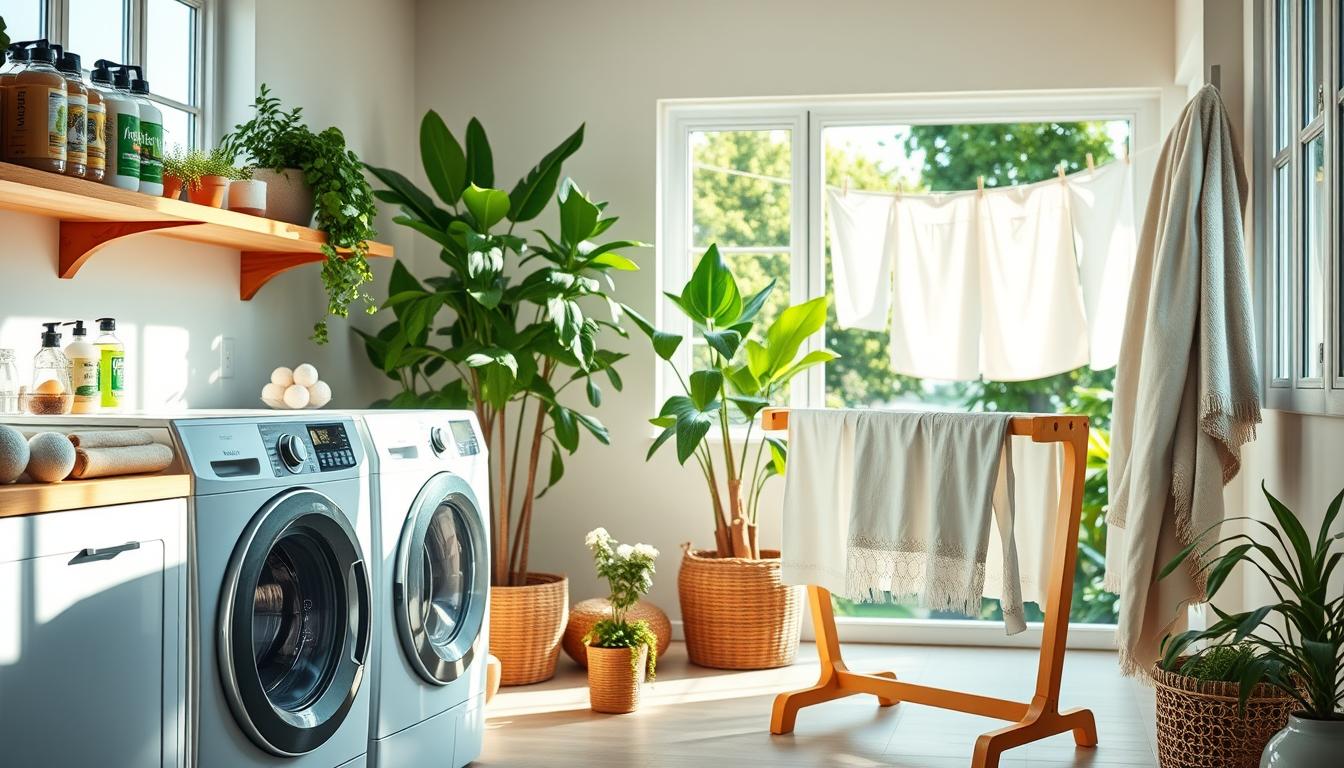 A vibrant, eco-friendly laundry room with sunlight streaming through large windows. In the foreground, a modern front-loading washing machine and a wooden drying rack holding freshly washed clothes. On the shelves, natural detergents and reusable fabric softener balls. In the middle ground, a cozy seating area with potted plants and a large houseplant, creating a relaxing ambiance. The background features a clothesline outside, gently swaying in the breeze, with clean linens and towels drying in the sun. The overall scene conveys a sense of sustainability, efficiency, and a commitment to a healthier, more environmentally-conscious lifestyle.