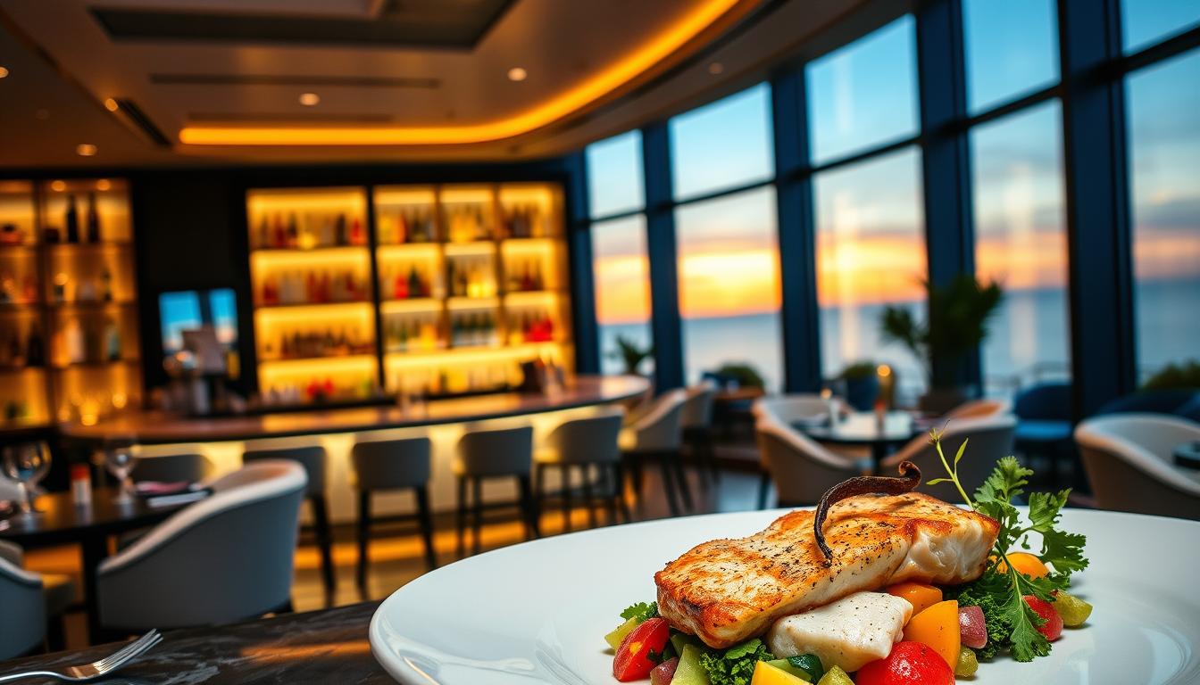 A vibrant, elegant seafood restaurant interior with a focus on low-carb menu options. In the foreground, a beautifully plated seafood dish - perhaps grilled salmon or seared scallops, accompanied by a colorful array of fresh vegetables. The middle ground features a chic, modern bar area with backlit shelves displaying a selection of premium spirits. The background showcases floor-to-ceiling windows, offering a serene ocean view bathed in warm, golden lighting. The overall atmosphere exudes a sense of refined coastal sophistication, perfectly complementing the healthy, low-carb seafood specialties on offer.