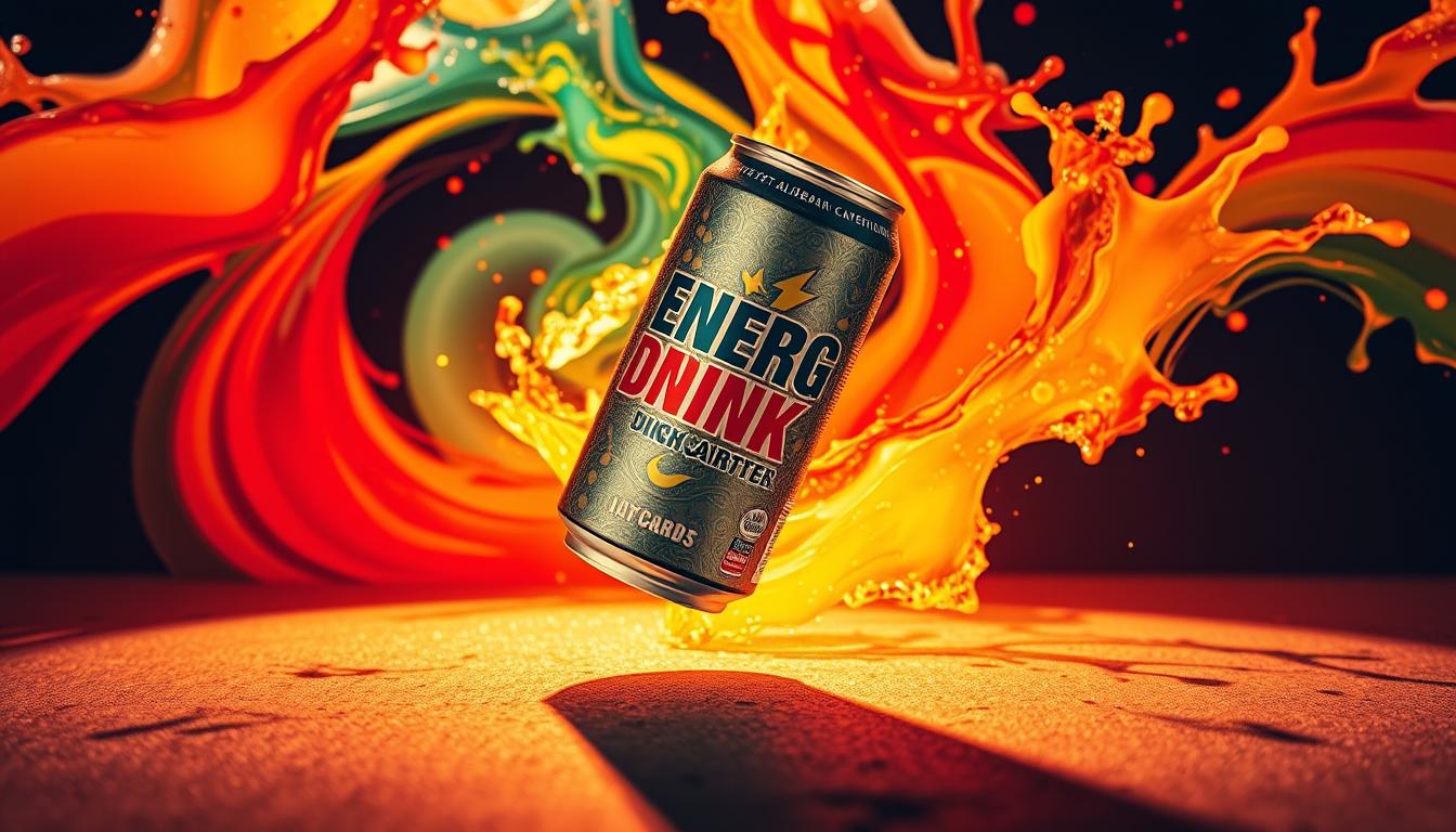 A vibrant energy drink can, its label prominently displaying the high carb content, floating against a backdrop of swirling, colorful energy drink splashes. The can is captured in sharp focus, casting a soft shadow on the ground below. The lighting is warm and evocative, creating a sense of dynamic energy and movement. The overall composition emphasizes the deceptive nature of the energy drink, drawing the viewer's attention to the hidden carbohydrates within.