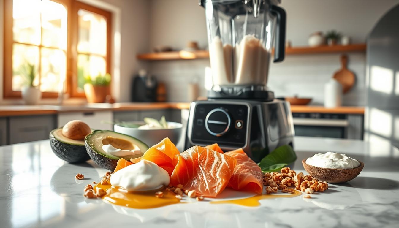 A vibrant, fully-realized keto meal replacement scene with a smooth, glossy tabletop in the foreground, featuring a variety of high-fat, low-carb ingredients arranged artfully - avocado halves, slices of smoked salmon, dollops of creamy coconut yogurt, crushed walnuts, and a drizzle of rich, golden MCT oil. In the middle ground, a high-powered blender blends these elements into a frothy, nutrient-dense shake, emanating a soft glow. In the background, a sun-dappled kitchen with modern appliances and wood accents, conveying a sense of health, wellness, and culinary sophistication.