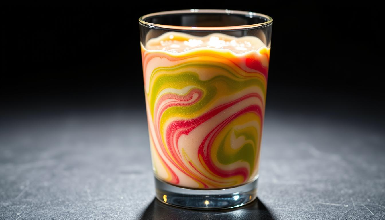 A vibrant glass container filled with a swirling, colorful liquid, resembling a smoothie. The glass has a sleek, modern design, catching the light and casting reflections. The liquid appears thick and creamy, hinting at a high calorie and sugar content, in contrast to its perceived healthiness. The background is blurred, keeping the focus on the deceptive "liquid carb bomb". Dramatic, directional lighting casts dramatic shadows, conveying the message of hidden health risks. An overall sense of visual appeal paired with an underlying sense of nutritional danger.