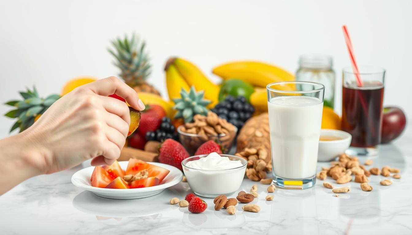 A vibrant, glossy table spread with an assortment of healthy snacks and drinks, including fresh fruits, nuts, yogurt, and a glass of water. In the foreground, a stylized hand reaches for a piece of fruit, conveying the idea of resisting cravings. The mid-ground features a variety of nutrition-rich foods, neatly arranged to suggest balanced and mindful eating. The background is softly blurred, creating a calming, focused atmosphere that emphasizes the act of making healthy choices to control cravings. A vibrant, glossy table spread with an assortment of healthy snacks and drinks, including fresh fruits, nuts, yogurt, and a glass of water. In the foreground, a stylized hand reaches for a piece of fruit, conveying the idea of resisting cravings. The mid-ground features a variety of nutrition-rich foods, neatly arranged to suggest balanced and mindful eating. The background is softly blurred, creating a calming, focused atmosphere that emphasizes the act of making healthy choices to control cravings.