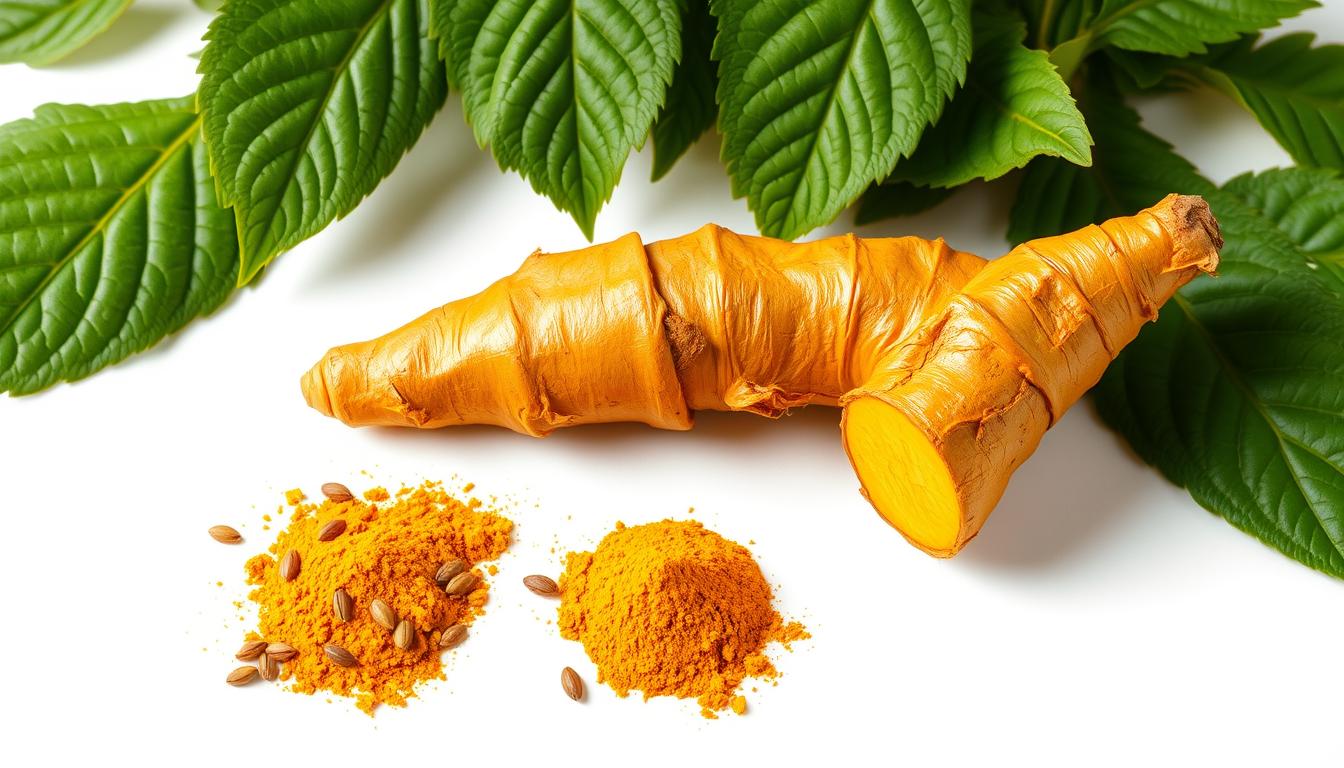 A vibrant golden turmeric root, its rhizome gleaming with a warm glow, rests on a crisp white background. Surrounding it, lush green leaves with deep veins and intricate patterns unfurl, creating a natural botanical arrangement. Soft, directional lighting casts subtle shadows, highlighting the turmeric's dynamic texture and rich, earthy hue. In the middle ground, a scattering of freshly ground turmeric powder and a few whole seeds adds depth and visual interest. The overall scene conveys the powerful, anti-inflammatory properties of this ancient spice, with a serene, yet captivating presentation.