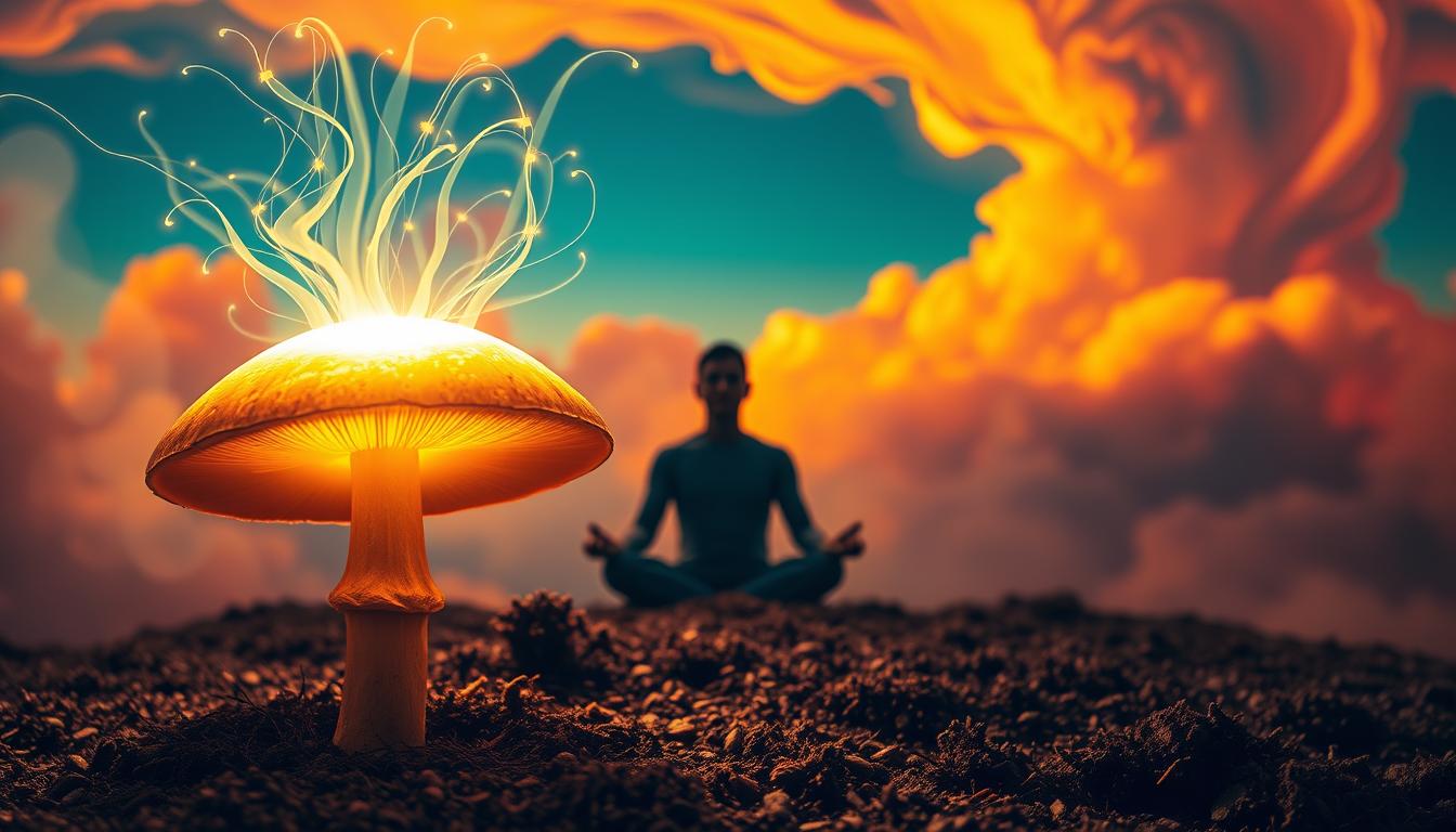 A vibrant, high-contrast scene depicting the mental health benefits of psilocybin. In the foreground, a glowing, ethereal mushroom, its cap pulsing with an inner light. Translucent wisps of psychedelic energy radiate outward, creating a sense of transformation and enlightenment. In the middle ground, a human figure sits in a meditative pose, their expression one of deep contemplation and inner peace. The background is a dreamlike landscape, with swirling clouds and abstract patterns that evoke the altered state of consciousness induced by psilocybin. Warm, saturated tones create an atmosphere of therapeutic healing and spiritual growth.