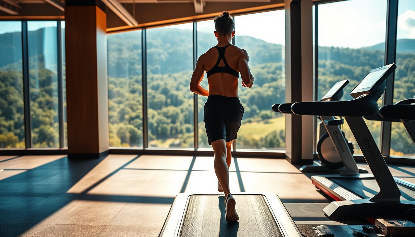A vibrant, high-energy fitness scene showcasing the incline walking technique. In the foreground, a determined individual strides up a gently sloping incline, their muscles engaged as they maintain proper form with shoulders back and chin tucked. The middle ground reveals a state-of-the-art gym interior, bathed in warm, natural lighting that filters through large windows. In the background, a panoramic view of a lush, verdant landscape provides a serene and motivating backdrop. The overall atmosphere exudes a sense of purpose, discipline, and the invigorating power of morning exercise to optimize muscle protein synthesis.