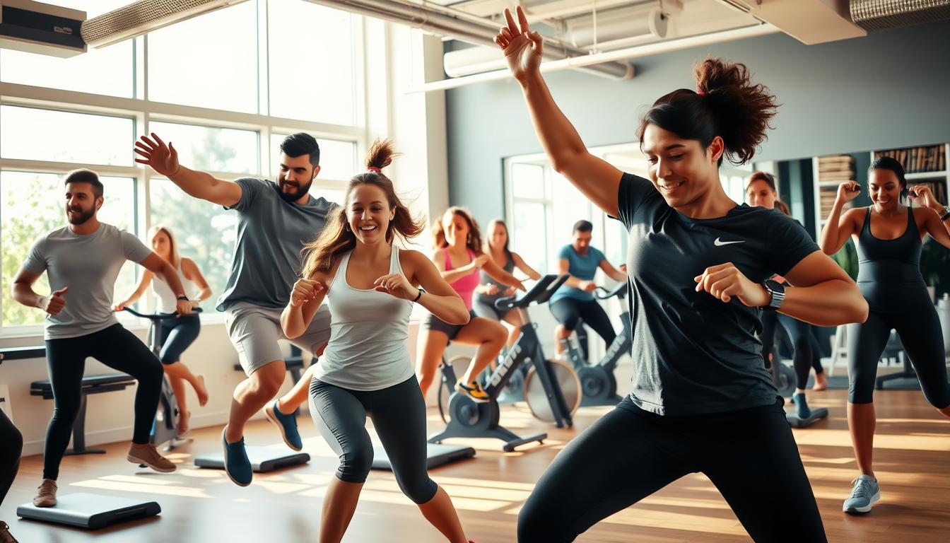 A vibrant, high-energy scene of a diverse group of people engaging in a variety of energetic exercises to boost their immune health. In the foreground, individuals are performing dynamic movements like jumping jacks, squats, and lunges, their faces flushed with effort. In the middle ground, others are cycling on stationary bikes or using resistance bands, their muscles straining with each rep. The background features a well-equipped gym or fitness studio, with large windows that allow natural light to flood the space, creating a warm, uplifting atmosphere. The overall scene conveys a sense of camaraderie, determination, and the rejuvenating power of regular physical activity for optimal immune function.