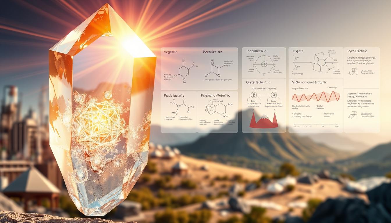 A vibrant, high-resolution illustration showcasing the science behind crystal energy. In the foreground, a clear quartz crystal refracts shafts of warm, golden light, illuminating a complex molecular lattice structure within. In the middle ground, molecular diagrams and charts depict the piezoelectric and pyroelectric properties of various crystal types. The background features a muted, blurred landscape of scientific laboratories, research equipment, and natural geological formations. The overall scene conveys a sense of scientific exploration and the interplay between the natural and physical worlds.