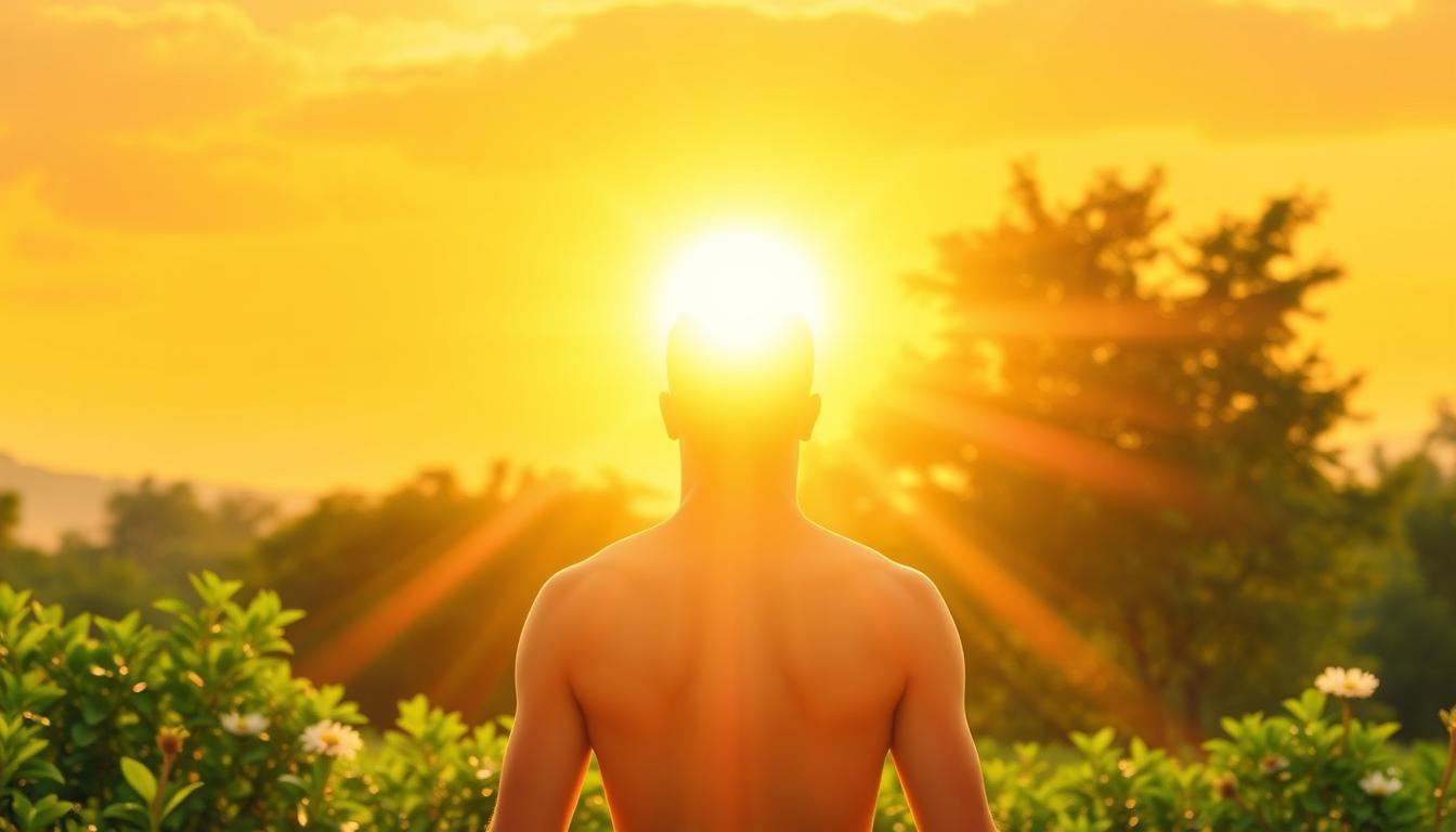 A vibrant, high-resolution image depicting the benefits of vitamin D. A central focal point showcases a glowing sun, with radiating sun rays illuminating a healthy human figure in the foreground. In the middle ground, lush green foliage and a serene outdoor scene evoke a sense of natural wellness. The background features a warm, golden sky that enhances the overall sense of vitality and wellbeing. The lighting is soft and diffused, creating a mood of tranquility and inner harmony. The composition is balanced and visually striking, conveying the importance of vitamin D for optimal health and wellness.