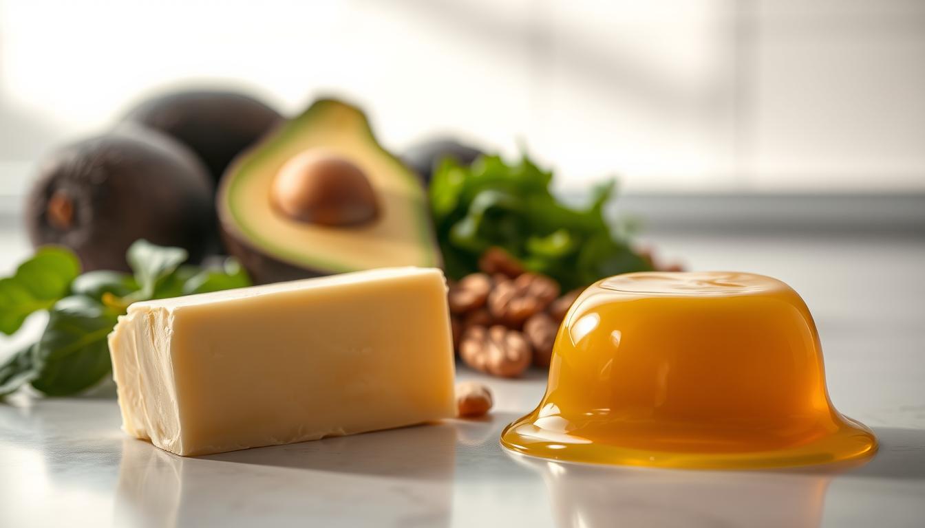 A vibrant, high-resolution image depicting the contrast between butter and ghee in the context of a keto diet. In the foreground, a golden pat of butter sits beside a dollop of glistening, amber-hued ghee, each casting soft, warm shadows. In the middle ground, a selection of keto-friendly foods like avocado, nuts, and leafy greens provide a natural backdrop, illuminated by a soft, diffused light source. The background features a minimalist, clean kitchen counter or table, with subtle reflections and highlights accentuating the textures and colors of the scene. The overall mood is one of healthy, nourishing indulgence, capturing the essence of the keto lifestyle and the unique properties of these two essential fats.
