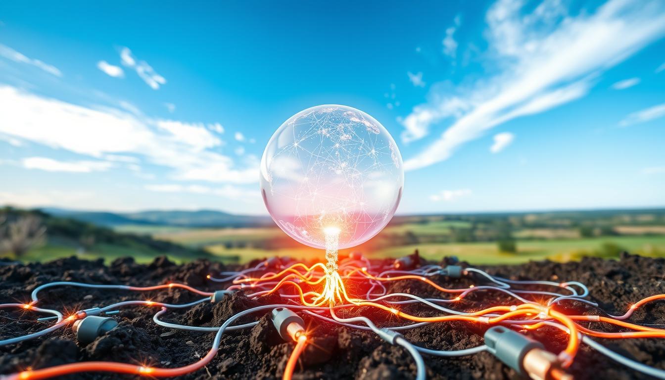 A vibrant, high-resolution image depicting the electrical connection in grounding. The foreground showcases a glowing, intricate network of conductive wires and terminals, representing the efficient transfer of electrical energy from the earth's surface. The middle ground features a translucent, ethereal sphere, symbolizing the powerful energy flow between the ground and the object being grounded. The background is a serene, natural landscape with a clear, blue sky, suggesting the harmony and balance achieved through proper grounding techniques. The scene is captured with a wide-angle lens, providing a comprehensive view of the interconnected system. The overall mood is one of tranquility, power, and scientific precision.