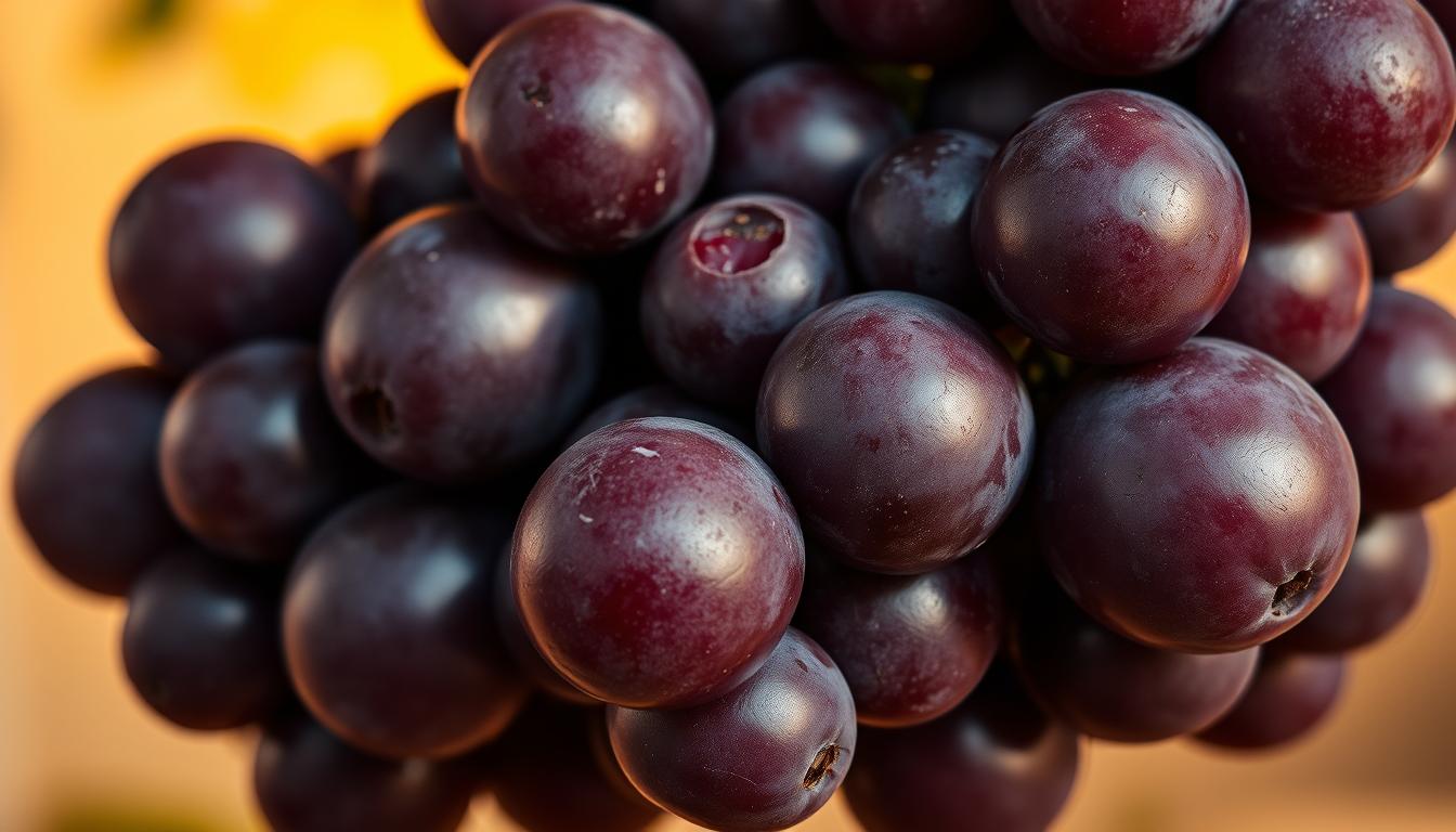 A vibrant, high-resolution image of a cluster of plump, deep purple grapes, their skin glistening with a light sheen, suspended against a softly blurred, warm-toned background. The grapes are displayed in the foreground, with careful attention to the intricate textures and gradients of their spherical forms. Soft, directional lighting casts subtle shadows, accentuating the grapes' voluptuous shapes and highlighting their resveratrol-rich nature. The overall composition conveys a sense of lush, appetizing abundance, inviting the viewer to appreciate the superb antioxidant and anti-inflammatory properties of these resveratrol-rich superfruits.