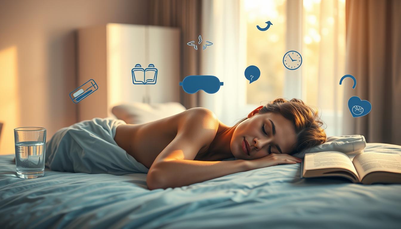 A vibrant, high-resolution image of a person sleeping peacefully, surrounded by various sleep hygiene symbols and cues. In the foreground, a serene figure rests on a comfortable bed, their body language conveying a sense of deep relaxation. The middle ground features soothing elements like a glass of water, a sleep mask, and a book, all symbolizing healthy sleep habits. The background showcases a calming, minimalist bedroom setting with warm, natural lighting filtering through the window, creating a tranquil atmosphere. The overall composition emphasizes the importance of listening to one's body signals and prioritizing sleep for overall well-being.