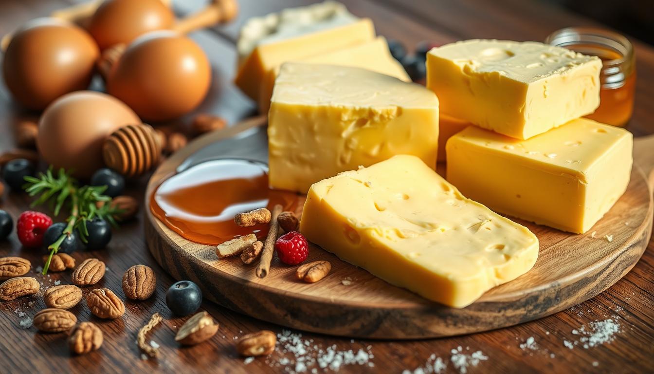 A vibrant, high-resolution image of a wooden board displaying a bountiful arrangement of traditional butter. The butter is golden-yellow in color, with visible flecks of cream and a rich, creamy texture. Surrounding the butter are various whole food ingredients that highlight its nutritional benefits, such as farm-fresh eggs, raw honey, nuts, and berries. The scene is bathed in warm, natural lighting, casting a soft glow across the table. The composition emphasizes the harmonious relationship between the butter and the wholesome, unprocessed foods that complement its nutritional profile. The overall atmosphere conveys a sense of rustic elegance and the inherent goodness of traditional, artisanal dairy products.