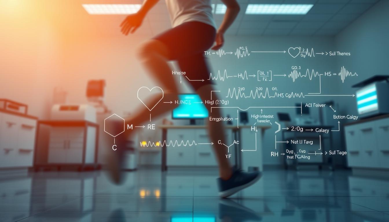 A vibrant, high-resolution image of the science behind short exercise bursts. In the foreground, a person performing a series of dynamic movements, such as jumping jacks or high knees, captured in a motion blur effect. In the middle ground, scientific diagrams and equations illustrating the physiological mechanisms of high-intensity interval training, including heart rate, muscle activation, and metabolic processes. In the background, a clean, minimalist laboratory setting with scientific equipment and glowing computer displays. The lighting is warm and evocative, creating a sense of energy and discovery. The overall composition conveys the synergy between the physical and the analytical, highlighting the transformative power of movement "snacks" for health and wellness.