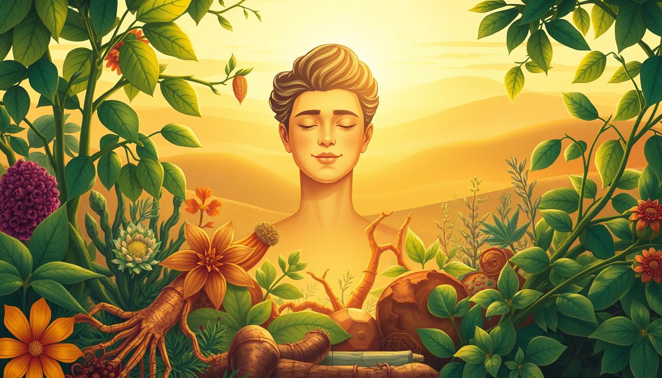 A vibrant, highly detailed illustration depicting the key health benefits of adaptogens. In the foreground, a lush, verdant arrangement of adaptogenic herbs and roots such as ashwagandha, rhodiola, and ginseng, their leaves and tendrils intertwined. The middle ground showcases a glowing, energized human figure, their face radiating a sense of calm and resilience. In the background, a soft, hazy landscape of rolling hills and a warm, golden sky, evoking a serene, restorative atmosphere. The lighting is soft and diffused, creating a sense of balance and harmony. The overall composition highlights the natural power and holistic wellness properties of adaptogens.