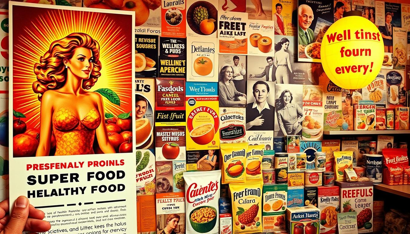 A vibrant historical collage depicting the evolution of superfood marketing. In the foreground, an eye-catching vintage advertisement featuring a glowing, radiant model touting the miraculous health benefits of an exotic superfruit. In the middle ground, a kaleidoscope of retro packaging designs, each boasting bold claims and vibrant colors to captivate the consumer. The background is a mosaic of archival imagery, from wellness gurus of the past to vintage health food stores, all woven together to tell the story of how superfoods have been marketed over the decades. Warm, saturated lighting casts a nostalgic glow, while a wide-angle lens captures the full breadth of this visually compelling historical narrative. A vibrant historical collage depicting the evolution of superfood marketing. In the foreground, an eye-catching vintage advertisement featuring a glowing, radiant model touting the miraculous health benefits of an exotic superfruit. In the middle ground, a kaleidoscope of retro packaging designs, each boasting bold claims and vibrant colors to captivate the consumer. The background is a mosaic of archival imagery, from wellness gurus of the past to vintage health food stores, all woven together to tell the story of how superfoods have been marketed over the decades. Warm, saturated lighting casts a nostalgic glow, while a wide-angle lens captures the full breadth of this visually compelling historical narrative.