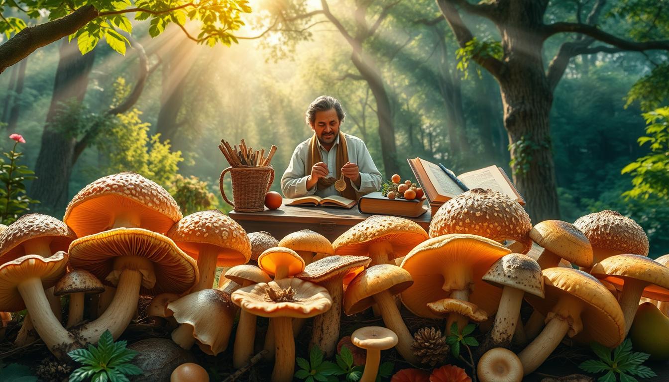 A vibrant, historical illustration of the medicinal uses of mushrooms. In the foreground, a collection of various mushroom species, their intricate caps and stems meticulously detailed. In the middle ground, a traditional healer examines a specimen, surrounded by an array of herbal remedies and ancient texts. The background depicts a lush, verdant forest, with rays of warm sunlight filtering through the canopy, creating a serene and contemplative atmosphere. The overall composition conveys the rich history and enduring significance of mushrooms in traditional and modern medicine.