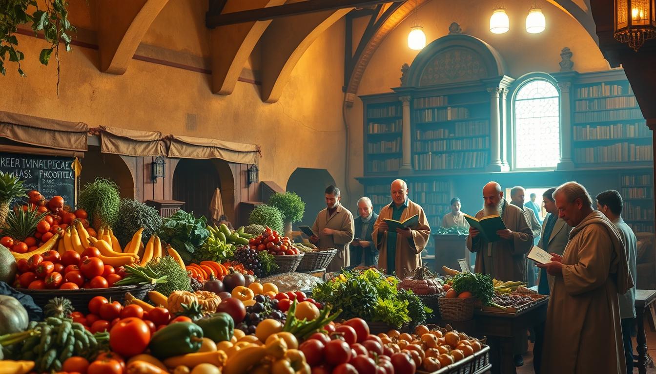 A vibrant, historical scene depicting the origins and evolution of functional foods. In the foreground, a farmer's market bustling with a diverse array of fresh, wholesome produce. In the middle ground, a group of scholars poring over ancient texts, discussing the medicinal properties of traditional foods. In the background, a majestic library, symbolizing the wealth of knowledge accumulated over centuries. Warm, golden lighting casts a timeless glow, while the composition is balanced and harmonious, reflecting the intrinsic connection between the past and present in the realm of functional foods. A vibrant, historical scene depicting the origins and evolution of functional foods. In the foreground, a farmer's market bustling with a diverse array of fresh, wholesome produce. In the middle ground, a group of scholars poring over ancient texts, discussing the medicinal properties of traditional foods. In the background, a majestic library, symbolizing the wealth of knowledge accumulated over centuries. Warm, golden lighting casts a timeless glow, while the composition is balanced and harmonious, reflecting the intrinsic connection between the past and present in the realm of functional foods.