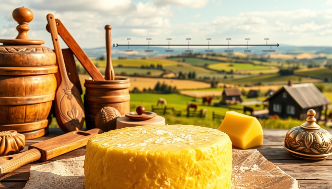 A vibrant, historical study of butter trends through the ages. In the foreground, a lush golden wheel of butter, its surface glistening with flecks of salt. Surrounding it, an array of antique butter churns, wooden paddles, and decorative butter molds, each meticulously crafted. In the middle ground, a timeline of butter's evolution, from ancient clay vessels to modern refrigeration techniques. The background showcases a panoramic view of pastoral landscapes, rolling hills dotted with grazing cattle, and quaint farmhouses, all bathed in a warm, golden glow. The overall scene conveys a sense of timelessness, honoring the enduring legacy of this humble dairy delight.