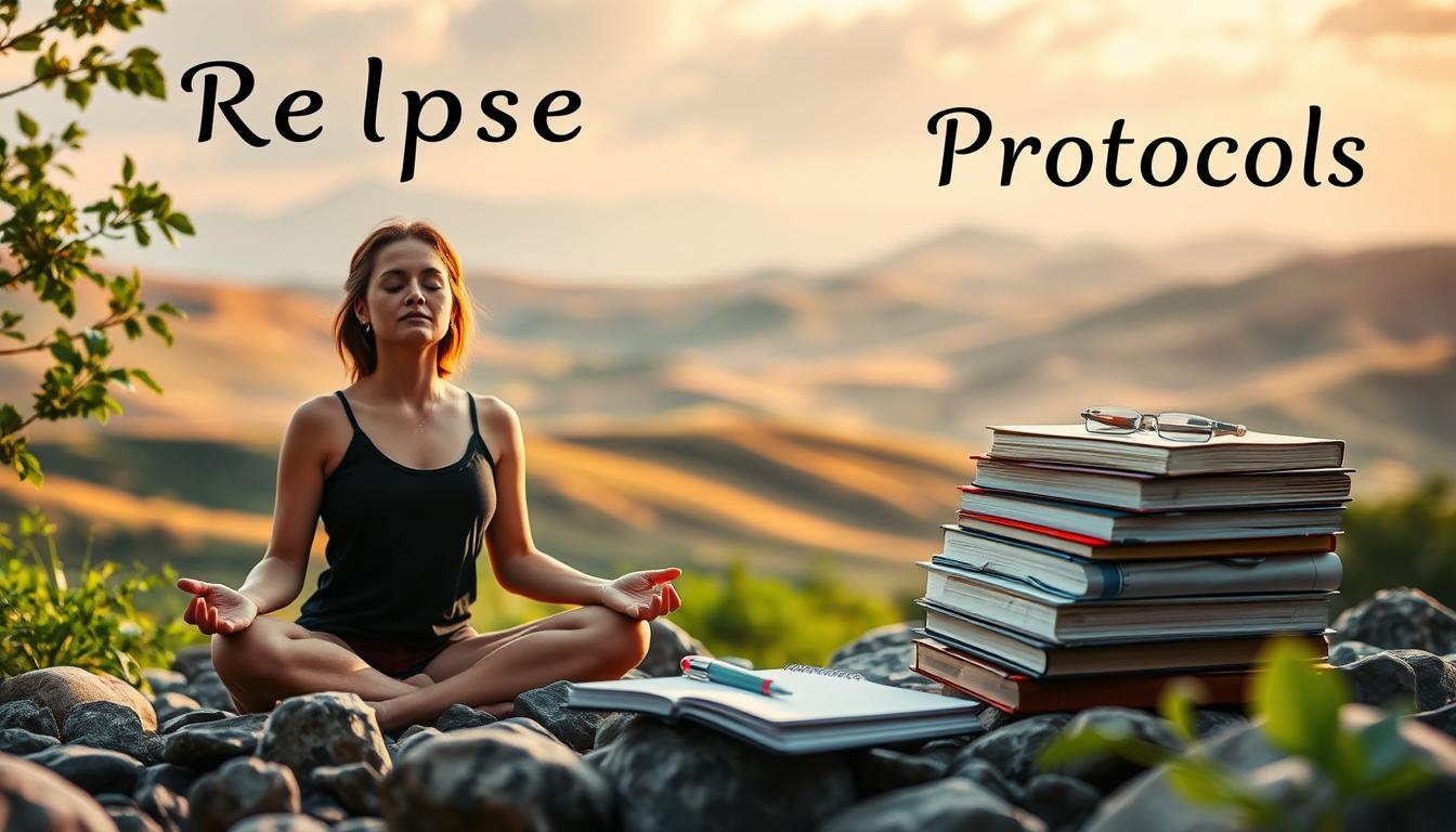 A vibrant, holistic scene depicting "Relapse Recovery Protocols". In the foreground, a person in a meditative pose, eyes closed, surrounded by calming natural elements like river stones and greenery. In the middle ground, a stack of self-help books and a journal with a pen, signifying the tools for personal growth. The background features a serene landscape with rolling hills, a cloudless sky, and warm, diffused lighting, conveying a sense of peace and tranquility. The overall atmosphere is one of introspection, healing, and the journey towards recovery.