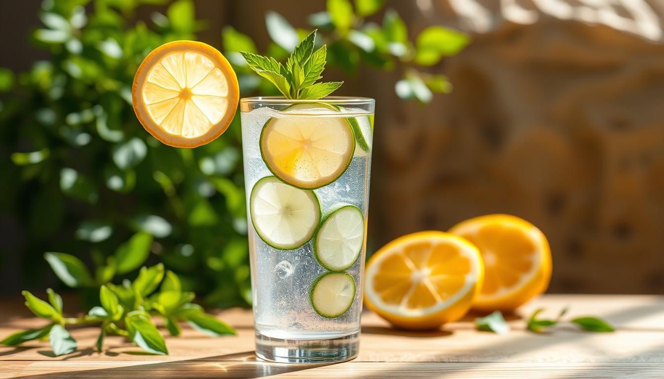 A vibrant, hydrating glass of water with sliced lemon and cucumber, set against a natural, earthy backdrop. The glass is placed on a wooden surface, surrounded by fresh greenery and natural light streaming in from the side, creating a serene, rejuvenating atmosphere. The water's clarity and the citrus and vegetal elements symbolize the cleansing and detoxifying properties of hydration. The overall composition conveys a sense of simplicity, balance, and the nurturing power of nature to support the body's natural detoxification processes.