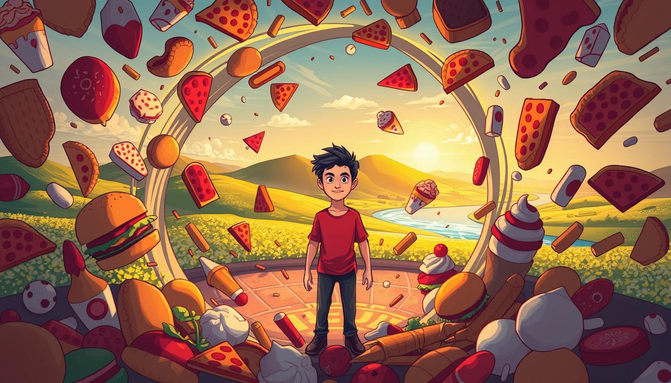 A vibrant illustration depicting the "Overcoming Food Cravings Cycle". In the foreground, a person stands amidst a swirling vortex of tempting food items - hamburgers, pizza slices, ice cream scoops. The person's expression conveys determination as they resist the allure of these cravings. In the middle ground, the cycle of craving, indulgence, and guilt is visualized through a repeating spiral pattern. The background features a calming landscape with verdant hills, a clear sky, and a gentle river, symbolizing the tranquility and balance that can be achieved by breaking the cycle. Soft, warm lighting illuminates the scene, creating an atmosphere of introspection and personal growth.
