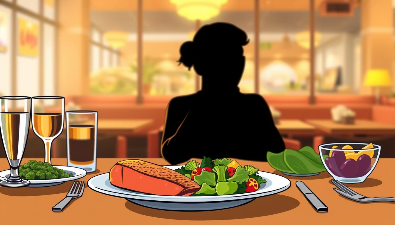 A vibrant illustration of a "Restaurant Survival Guide: Healthy Choices". In the foreground, a table setting with a plate featuring a balanced meal - grilled salmon, roasted vegetables, and a side salad. Surrounding the plate, various healthy dining options are displayed, such as a glass of water, a side of steamed broccoli, and a bowl of fresh fruit. In the middle ground, the silhouette of a person sitting at the table, contemplating their meal choices. In the background, a blurred restaurant interior with warm lighting, creating a cozy and inviting atmosphere. The overall scene conveys a sense of mindful dining and conscious decision-making when navigating a restaurant menu. A vibrant illustration of a "Restaurant Survival Guide: Healthy Choices". In the foreground, a table setting with a plate featuring a balanced meal - grilled salmon, roasted vegetables, and a side salad. Surrounding the plate, various healthy dining options are displayed, such as a glass of water, a side of steamed broccoli, and a bowl of fresh fruit. In the middle ground, the silhouette of a person sitting at the table, contemplating their meal choices. In the background, a blurred restaurant interior with warm lighting, creating a cozy and inviting atmosphere. The overall scene conveys a sense of mindful dining and conscious decision-making when navigating a restaurant menu.