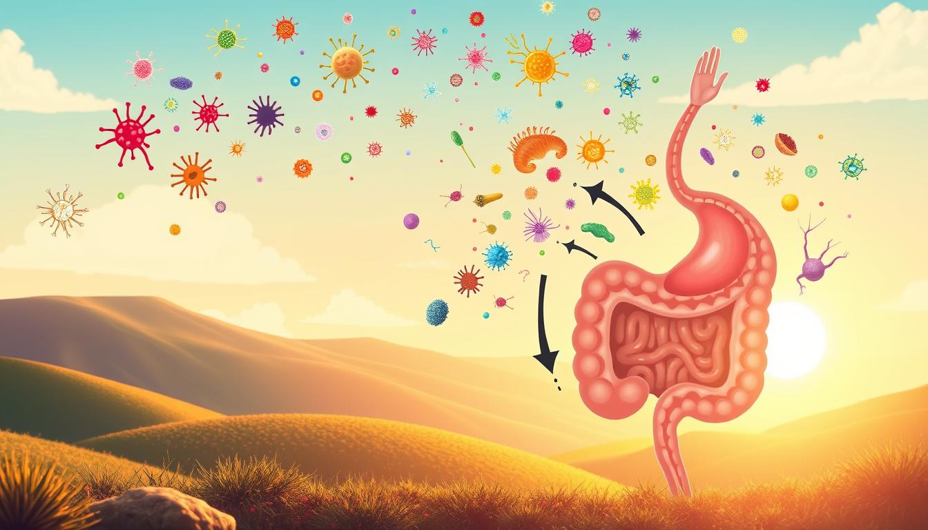 A vibrant illustration showcasing the connection between exercise and gut microbiome. In the foreground, a person performing a yoga pose, their body radiating energy. Floating around them, colorful microorganisms representing the diverse gut flora, thriving in response to the physical activity. The middle ground features a cross-section of the digestive system, with arrows indicating the flow of nutrients and the interplay between exercise and gut health. In the background, a serene landscape of rolling hills and a bright, sun-dappled sky, conveying a sense of balance and harmony. Soft, warm lighting illuminates the scene, highlighting the vibrant colors and the symbiotic relationship between the human body and its microbial inhabitants.