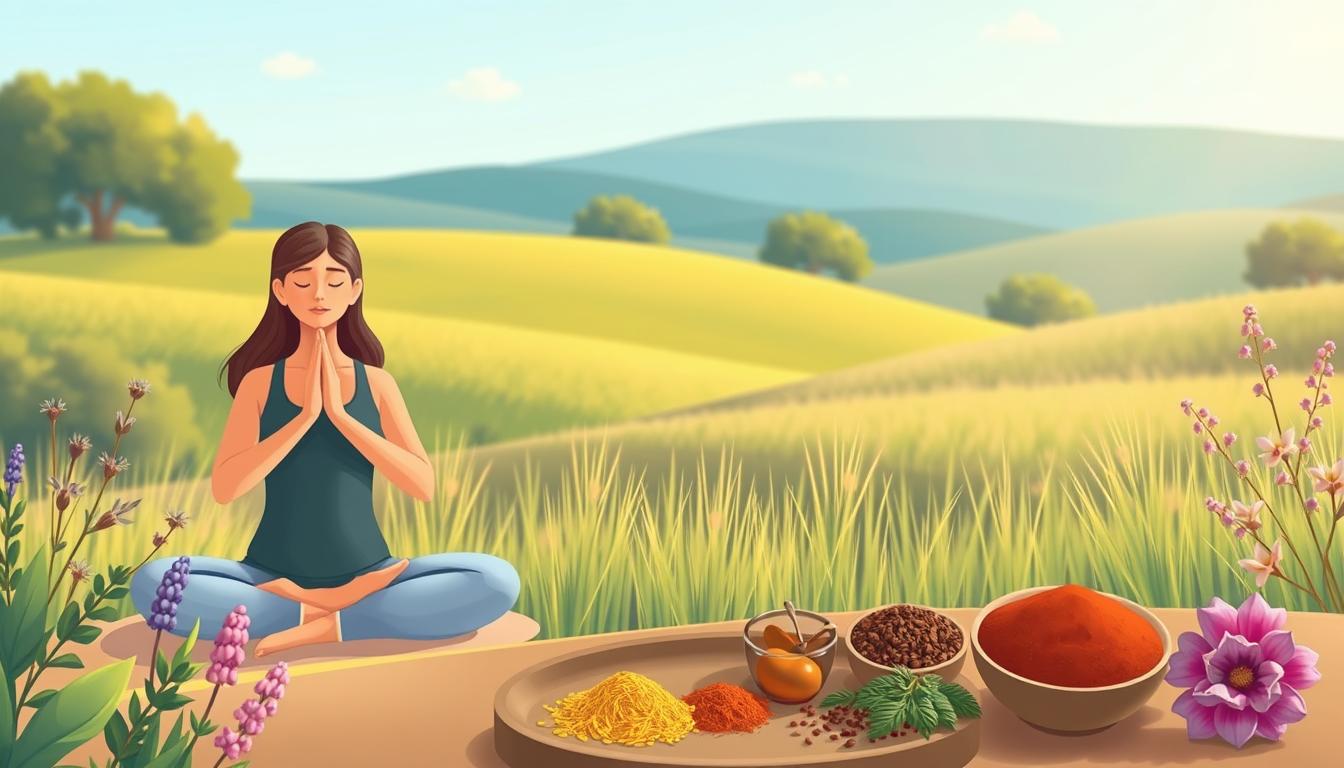 A vibrant illustration showcasing various stress management techniques for gut health. In the foreground, a person engages in calming yoga poses, their expression serene. In the middle ground, a variety of soothing herbs and spices are neatly arranged, hinting at the importance of a healthy diet. The background depicts a tranquil natural setting, with a rolling meadow and a clear blue sky, conveying a sense of balance and harmony. The lighting is soft and warm, creating a comforting atmosphere. The overall scene emphasizes the interconnectedness of physical and mental well-being, encouraging a holistic approach to gut health and stress management.