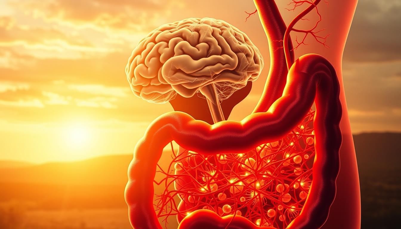 A vibrant, interconnected visual representation of the gut-brain connection. In the foreground, a detailed cross-section of the gut, showcasing the intricate network of nerves and microbial life. In the middle ground, a striking silhouette of the brain, with synaptic connections pulsing with energy. The background features a soft, dreamlike landscape, representing the holistic relationship between the two systems. Warm, earthy tones convey a sense of balance and harmony, while dynamic lighting and a cinematic camera angle lend a sense of depth and visual interest. The overall composition emphasizes the profound and surprising ways in which gut health and emotional well-being are intricately linked.