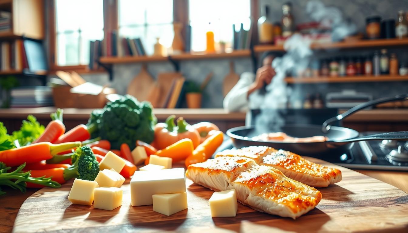 A vibrant kitchen scene of a balanced meal being prepared with butter. In the foreground, a wooden cutting board holds an array of fresh vegetables - carrots, broccoli, and bell peppers. Glistening pats of butter melt on the board, infusing the produce with rich, creamy flavor. In the middle ground, a cast-iron skillet sizzles on the stovetop, golden-brown fish fillets searing to perfection. Overhead, natural light streams in through large windows, casting a warm glow across the scene. In the background, shelves brimming with cookbooks and spices suggest a well-stocked, functional kitchen, perfect for crafting nourishing, butter-enhanced dishes.