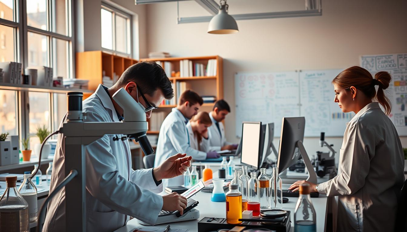 A vibrant medical research lab, illuminated by warm natural light from large windows. In the foreground, a researcher carefully examining slides under a high-powered microscope, surrounded by beakers, test tubes, and other diagnostic equipment. In the middle ground, a team of scientists poring over data on computer screens, collaborating on their chronic illness study. The background features shelves of medical journals, anatomical diagrams, and a whiteboard covered in colorful notes and calculations. The mood is one of focused intensity, as the researchers work diligently to uncover new insights and develop innovative treatment methodologies.