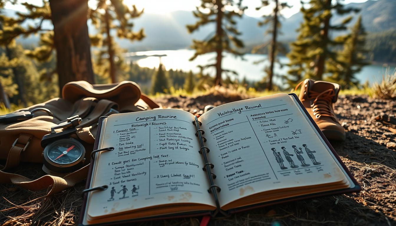 A vibrant, meticulously crafted camping journal lies open, showcasing a detailed workout routine against the backdrop of a rustic, sun-dappled campsite. In the foreground, the journal's pages reveal a carefully planned regimen of bodyweight exercises, with notes and sketches illustrating proper form. The middle ground features an array of camping gear, including a weathered backpack, a compass, and a sturdy pair of hiking boots, all arranged in a visually appealing composition. In the background, a majestic landscape unfolds, with towering pine trees, a glimpse of a serene lake, and a warm, golden light filtering through the branches, creating a sense of tranquility and connection with nature.