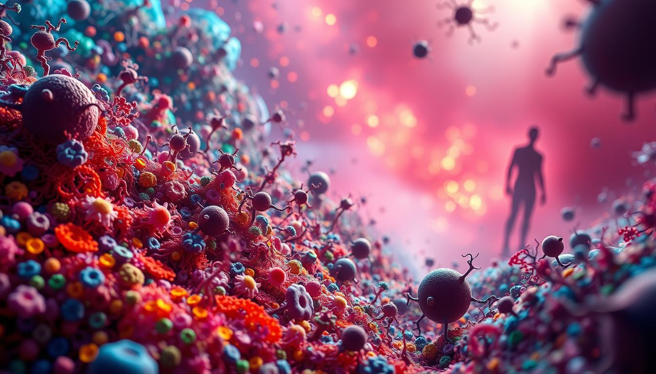 A vibrant microscopic landscape depicting the complex interplay between gut dysbiosis and autoimmune disease. In the foreground, a myriad of diverse gut microbiome inhabitants, each with their distinct shapes and colors, coexist in a delicate balance. In the middle ground, the intricate network of immune cells and inflammatory markers navigate this microbial ecosystem, responding to signals of disruption. In the background, a hazy silhouette of autoimmune processes, their pathways and mechanisms subtly yet ominously emerging. Vibrant yet ominous lighting casts a thought-provoking atmosphere, inviting the viewer to explore the critical role of gut health in autoimmune conditions.