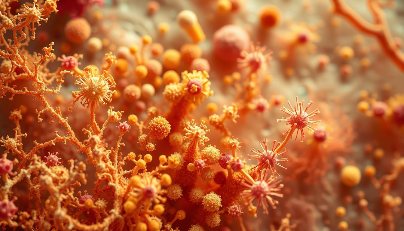 A vibrant, microscopic visualization of the diverse fungal and viral gut microbiota. In the foreground, intricate networks of fungal hyphae and spores intermingle with an array of viral capsids, their complex structures reflecting the dynamic interplay within the gut ecosystem. The middle ground showcases a range of microbial morphologies, from yeast-like forms to filamentous strands, all set against a backdrop of subtly textured intestinal epithelial cells. Warm, diffuse lighting accentuates the organic, textural qualities, while a shallow depth of field isolates the key elements, inviting the viewer to explore the intricate microbial tapestry of the human gut.