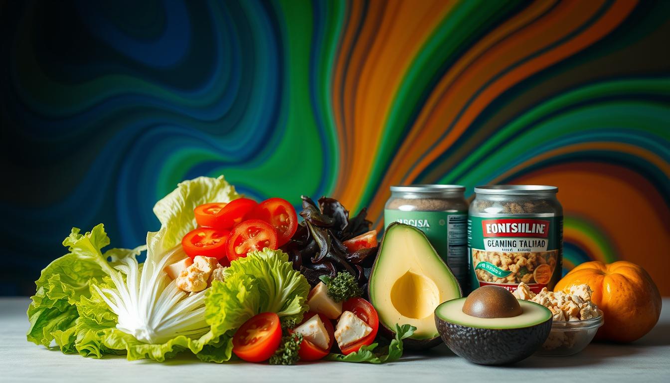 A vibrant, minimalist still life scene depicting an assortment of no-cook assembly dinner ideas. In the foreground, an array of fresh ingredients artfully arranged - crisp romaine lettuce leaves, juicy tomato slices, creamy avocado chunks, and protein-rich canned tuna or salmon. Radiating behind them, a swirling spectrum of colors - deep blues, vibrant greens, and warm ochres - creating a dynamic, almost hypnotic backdrop. Soft, diffused lighting casts a gentle glow, highlighting the natural textures and vivid hues. The overall composition conveys a sense of effortless, nourishing simplicity - a perfect illustration of the "no-cook assembly dinner" concept.