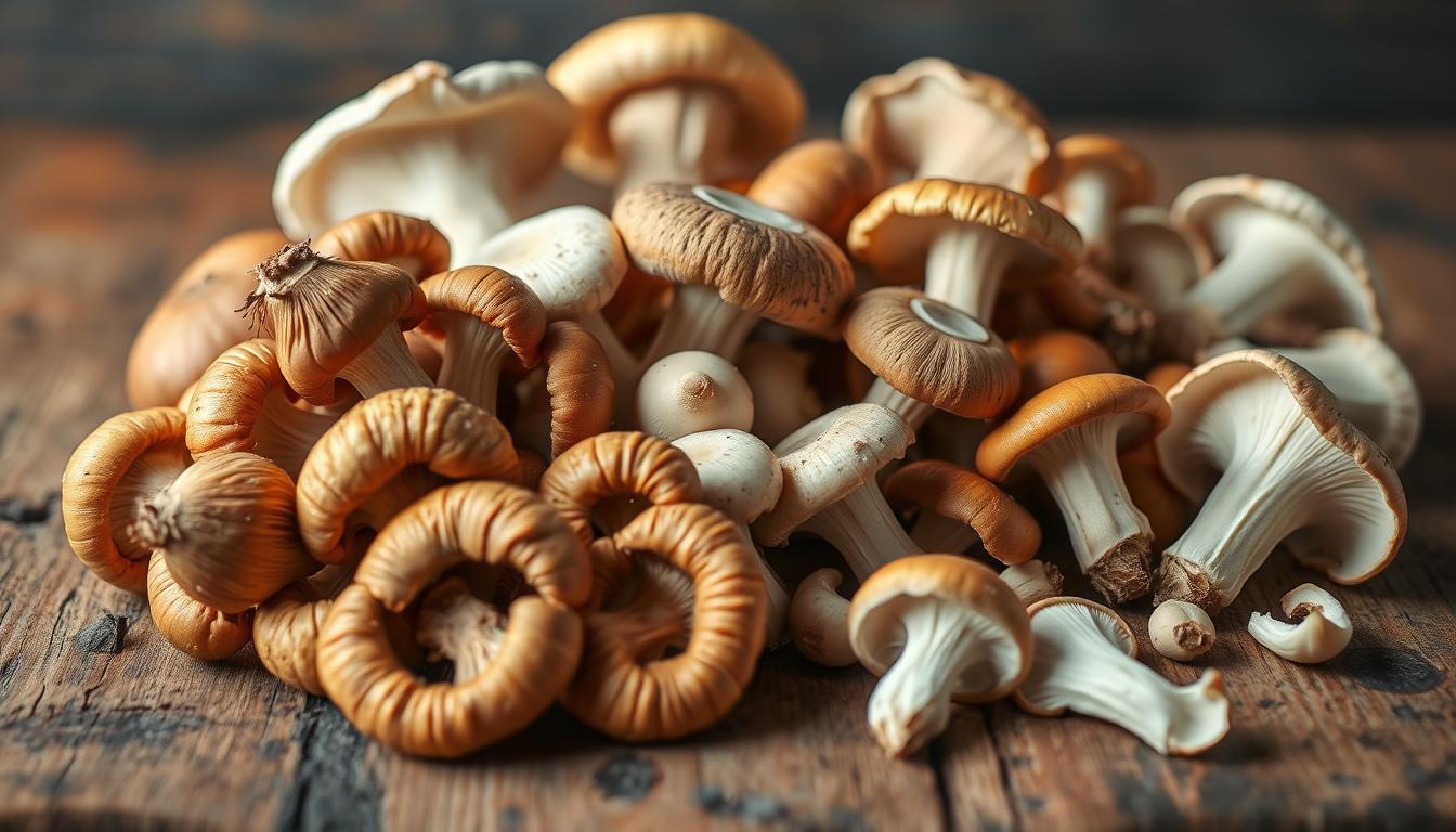 A vibrant mushroom arrangement on a rustic wooden surface, with a soft, natural lighting highlighting their diverse textures and colors. In the foreground, a cluster of plump, earthy-toned shiitake mushrooms, their caps gently curving upwards. In the middle ground, a selection of button mushrooms, their smooth, white stems contrasting with the rich, brown caps. Behind them, a scattering of oyster mushrooms, their delicate, fan-like structures cascading across the scene. The background is blurred, drawing the viewer's focus to the mushrooms and their immune-modulating benefits. The overall composition conveys a sense of natural abundance and the nutritional power of these versatile fungi.