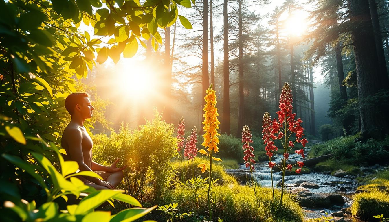 A vibrant, natural scene depicting the effects of adaptogens on the human stress response. In the foreground, a human figure in a relaxed, meditative pose, surrounded by a lush, verdant landscape. Rays of warm, golden light filter through the leaves, casting a serene glow. In the middle ground, various adaptogenic plants such as ginseng, ashwagandha, and rhodiola stand tall, their vibrant colors and intricate textures commanding attention. The background features a tranquil, sun-dappled forest, with towering trees and a calm, flowing stream. The overall composition conveys a sense of balance, harmony, and the restorative power of adaptogens in managing stress and supporting the body's natural resilience.