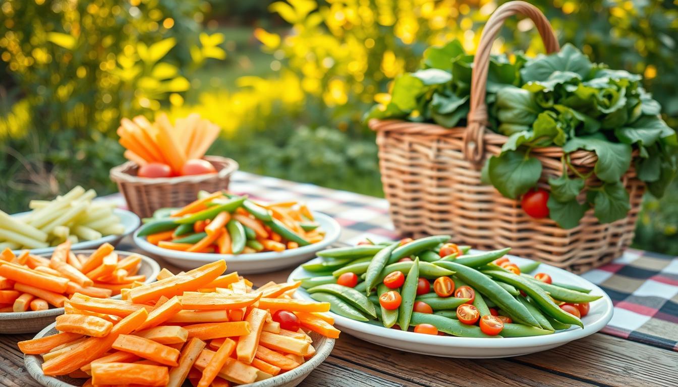 A vibrant outdoor picnic scene featuring an array of crunchy, freshly-prepared vegetable dishes. In the foreground, a rustic wooden table is laden with platters of carrot sticks, celery stalks, bell pepper slices, and crunchy snap peas, all artfully arranged. The middle ground showcases a woven picnic basket overflowing with vibrant green leafy greens and cherry tomatoes. In the background, a lush garden backdrop with verdant foliage sets the stage for this healthy, alfresco gathering. Warm, golden natural lighting illuminates the scene, creating a welcoming, appetizing atmosphere. A vibrant outdoor picnic scene featuring an array of crunchy, freshly-prepared vegetable dishes. In the foreground, a rustic wooden table is laden with platters of carrot sticks, celery stalks, bell pepper slices, and crunchy snap peas, all artfully arranged. The middle ground showcases a woven picnic basket overflowing with vibrant green leafy greens and cherry tomatoes. In the background, a lush garden backdrop with verdant foliage sets the stage for this healthy, alfresco gathering. Warm, golden natural lighting illuminates the scene, creating a welcoming, appetizing atmosphere.