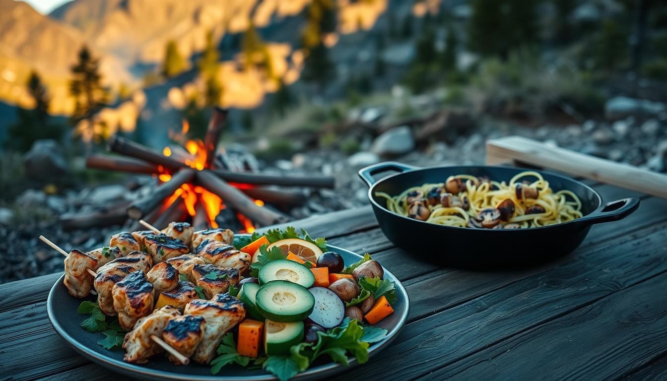 A vibrant outdoor scene featuring a campfire with sizzling low-carb dishes arranged on a wooden table. In the foreground, a platter showcases grilled chicken kebabs, avocado salad, and roasted vegetables. The middle ground depicts a cast-iron skillet filled with sautéed mushrooms and zucchini noodles. In the background, a rugged mountainous landscape with pine trees sets the scene, bathed in warm, golden-hour lighting. The image evokes a sense of healthy, nourishing outdoor adventure.