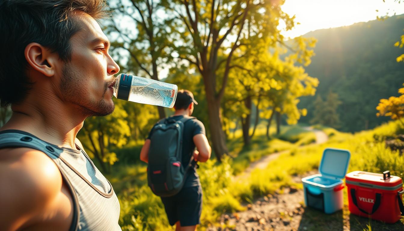 A vibrant outdoor scene featuring a person hydrating during a strenuous workout. In the foreground, a runner is shown taking a sip from a reusable water bottle, their face flushed from exertion. The middle ground showcases various hydration accessories like a backpack-mounted hydration system and a small cooler filled with water bottles. In the background, a lush, verdant landscape with towering trees and a winding trail sets the scene for an invigorating outdoor workout. Warm, golden sunlight filters through the leaves, creating a serene and energizing atmosphere. The image captures the importance of proper hydration for maintaining physical performance and health during rigorous outdoor activities.
