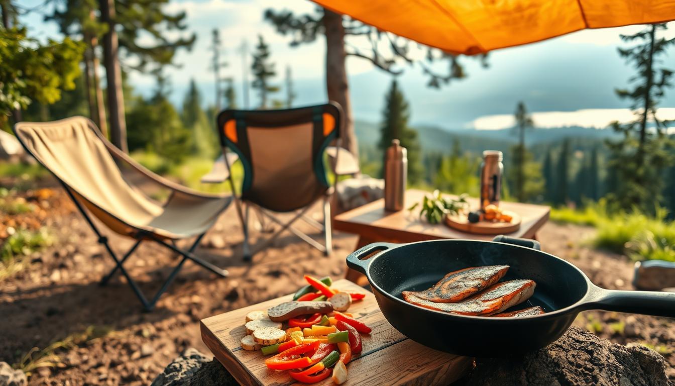 A vibrant outdoor scene with a well-stocked campfire cooking setup. In the foreground, a cast-iron skillet sizzles with a low-carb meal, perhaps grilled fish or sautéed vegetables. Beside it, a cutting board displays an assortment of fresh, keto-friendly ingredients. The middle ground features a cozy camp chair and a weathered wooden table, upon which sits a thermos and reusable utensils. In the background, a picturesque landscape unfolds, with lush foliage, towering pines, and a hint of a serene lake or river. The lighting is warm and natural, casting a golden glow over the scene, creating an inviting and rustic atmosphere for a healthy, low-carb outdoor adventure.