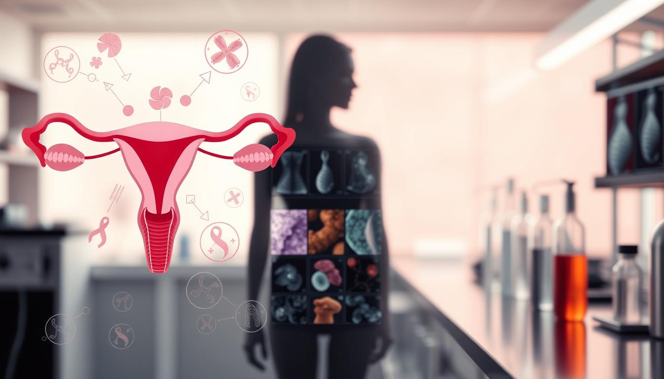 A vibrant, photorealistic image of reproductive factors impacting breast cancer risk. In the foreground, an anatomical diagram depicts female reproductive organs, overlaid with symbols representing hormones, fertility, and pregnancy. In the middle ground, a montage of medical imagery - mammograms, histological slides, and molecular structures - conveys the biological mechanisms linking reproductive factors to breast cancer development. The background features a softly blurred, pastel-toned scene evoking a serene medical research laboratory, with scientific equipment and test tubes visible. Dramatic lighting from an unseen source casts dramatic shadows, heightening the sense of scientific inquiry and medical importance. Crisp focus and meticulous detail throughout the composition.