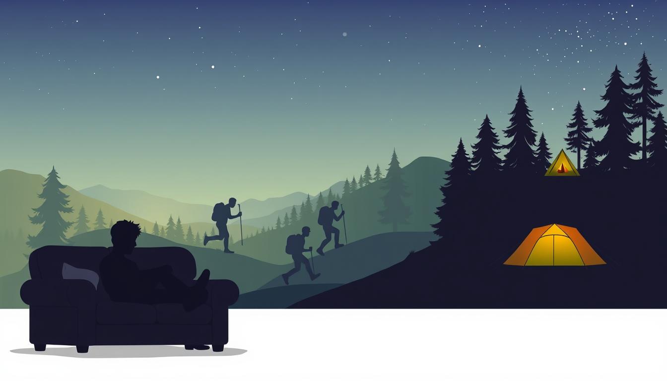 A vibrant, progression-style infographic depicting the journey from couch to campsite. In the foreground, a silhouetted figure sits on a couch, surrounded by modern comforts. The middle ground shows the figure gradually transitioning, hiking through lush, verdant landscapes, eventually reaching a campsite in the background, with a tent set up under a starry night sky. The infographic is clean and minimalist, using a muted color palette that subtly shifts from cool tones to warmer hues, conveying the gradual transformation. The overall composition guides the viewer's eye through the stages of the outdoor weight loss journey.