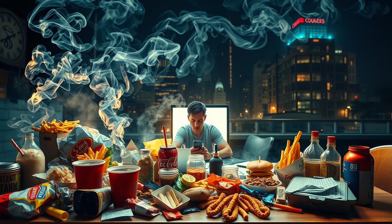 A vibrant scene depicting common lifestyle factors that contribute to chronic inflammation. In the foreground, a cluttered table overflows with fast food, sugary drinks, and processed snacks. Billowing smoke from cigarettes fills the air, casting an ominous haze. In the middle ground, a sedentary figure slouches in front of a glowing screen, oblivious to the mounting stressors around them. The background features a dimly lit, chaotic urban environment, with towering buildings and a sense of disconnect from nature. The overall atmosphere conveys the detrimental impact of poor dietary choices, lack of physical activity, and elevated stress levels on the body's inflammatory response.