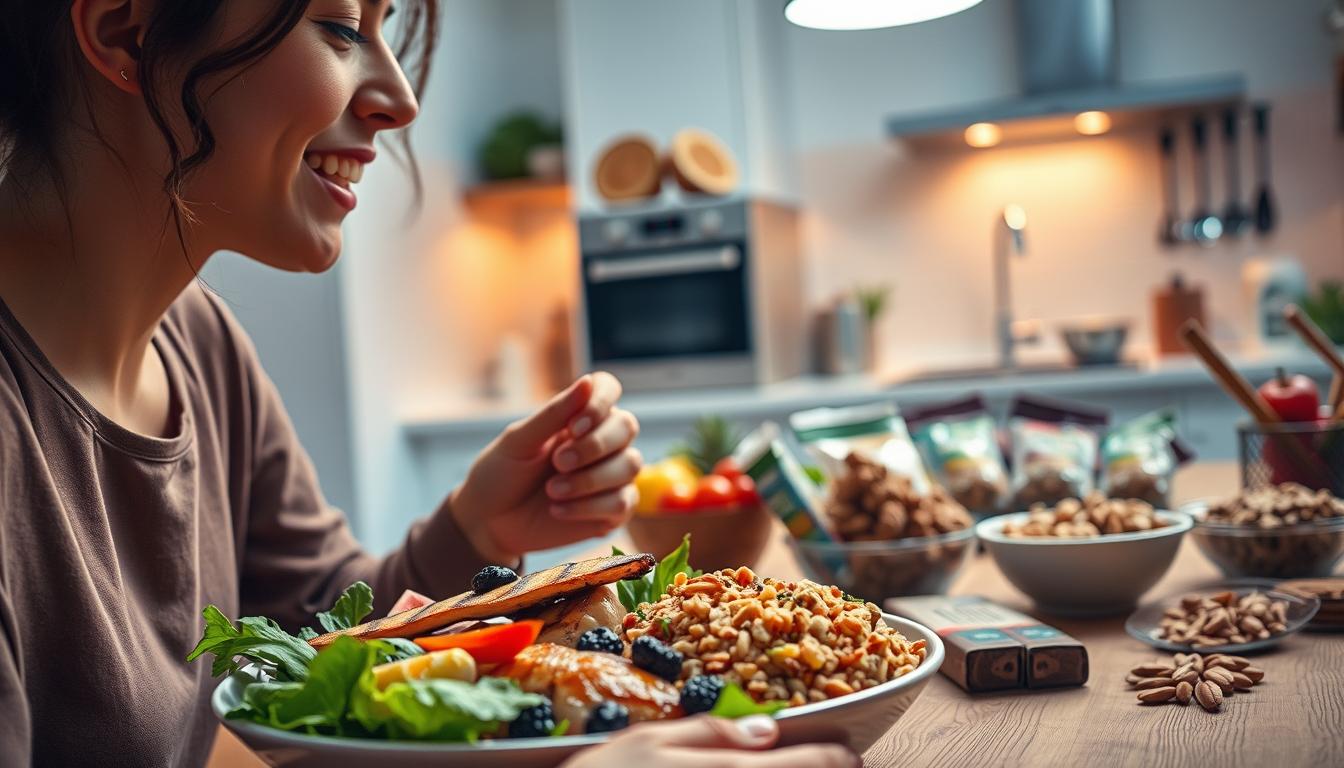 A vibrant scene depicting strategic meal timing for curbing cravings. In the foreground, a person enjoys a nourishing meal with an array of colorful, wholesome ingredients - grilled protein, fresh vegetables, and a hearty grain. The middle ground showcases a variety of healthy snack options, such as raw nuts, fresh fruit, and protein bars, symbolizing alternatives to indulge cravings. In the background, a softly lit kitchen with modern appliances and utensils, conveying a sense of control and mindfulness around eating habits. The lighting is warm and inviting, creating a calming atmosphere. The overall composition suggests a balanced, intentional approach to managing cravings through strategic meal timing and nutritious choices.