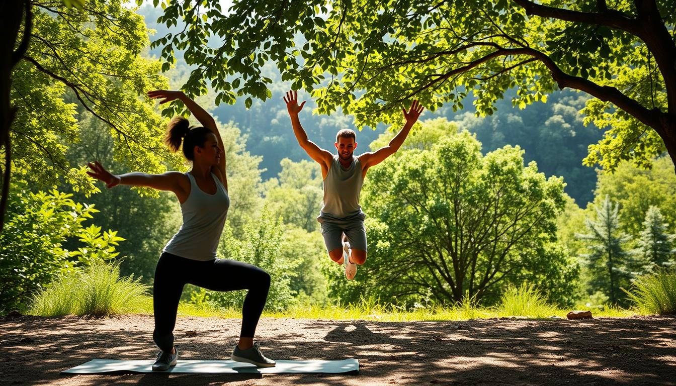 A vibrant scene depicting strategies to reset cravings through movement. In the foreground, a person performs dynamic stretches, their body in fluid motion. In the middle ground, they move through a series of jumping jacks, their limbs extended with energy. The background showcases a lush, verdant landscape, sunlight filtering through the leaves and casting a warm glow over the scene. The overall atmosphere is one of vitality, focus, and a sense of refreshed clarity, as the movement helps to alleviate cravings and restore a balanced state of mind. A vibrant scene depicting strategies to reset cravings through movement. In the foreground, a person performs dynamic stretches, their body in fluid motion. In the middle ground, they move through a series of jumping jacks, their limbs extended with energy. The background showcases a lush, verdant landscape, sunlight filtering through the leaves and casting a warm glow over the scene. The overall atmosphere is one of vitality, focus, and a sense of refreshed clarity, as the movement helps to alleviate cravings and restore a balanced state of mind.